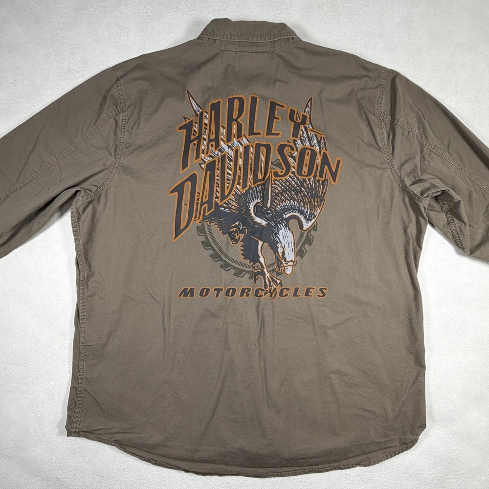 Harley Davidson Mens 2XL Brown Long Sleeve Eagle Graphic Button Down Shirt - Picture 1 of 13